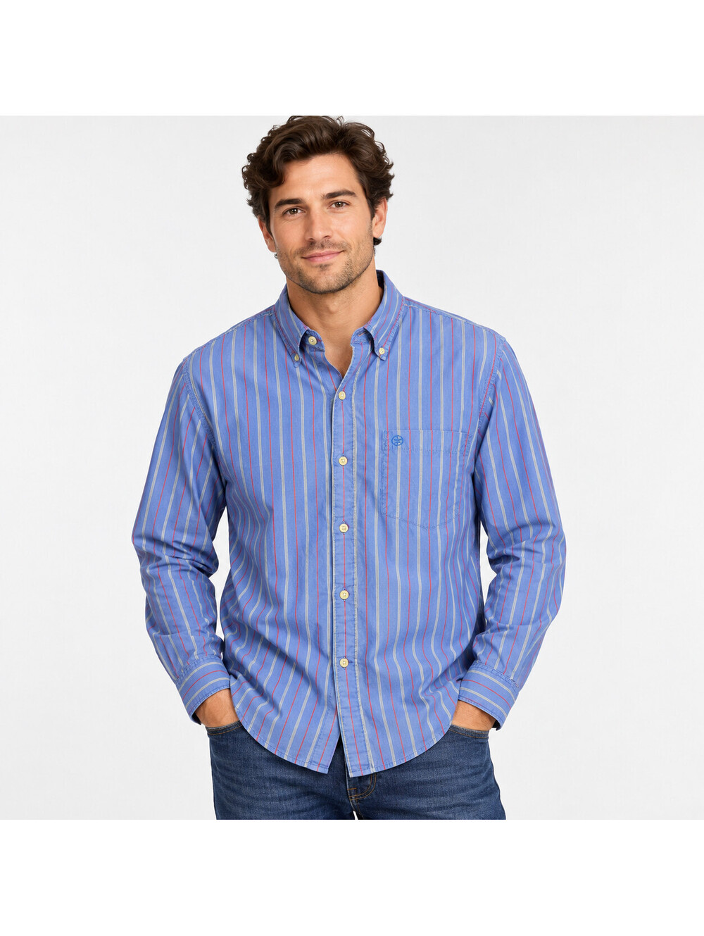 Converse One Star Men’s Large Button Down Shirt Blue Red Stripe Long Sleeve
